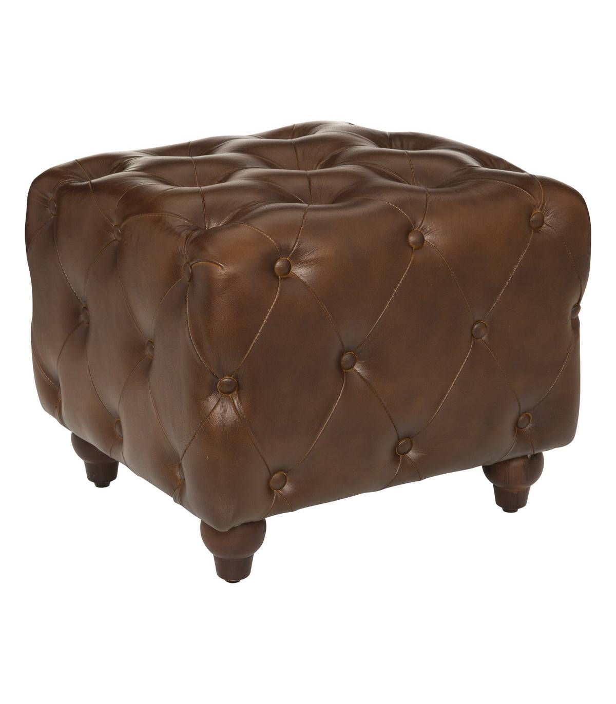Pouf en bois et cuir marron capitonné 48 x 44 x 40.5 cm - Imagen 1