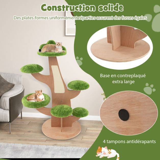 Arbre à chat 128 cm griffoirs perchoir patins antidérapant lit pour chat tour de jeux pour chat en forme de pin vert - Image 3