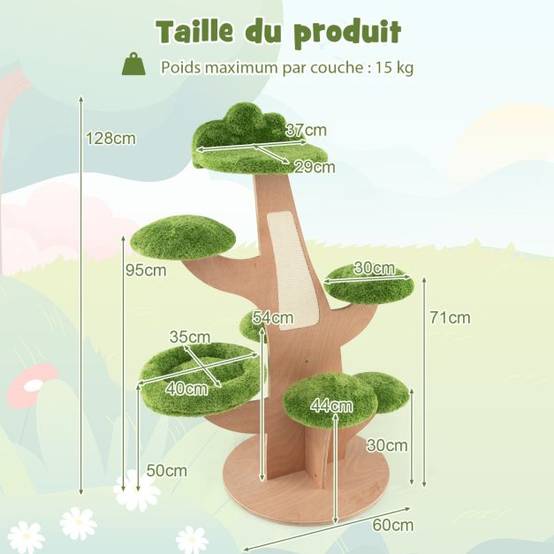 Arbre à chat 128 cm griffoirs perchoir patins antidérapant lit pour chat tour de jeux pour chat en forme de pin vert - Image 4