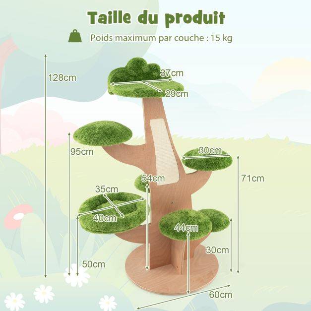 Arbre à chat 128 cm griffoirs perchoir patins antidérapant lit pour chat tour de jeux pour chat en forme de pin vert - Image 4