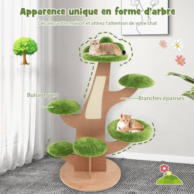 Arbre à chat 128 cm griffoirs perchoir patins antidérapant lit pour chat tour de jeux pour chat en forme de pin vert - Image 5