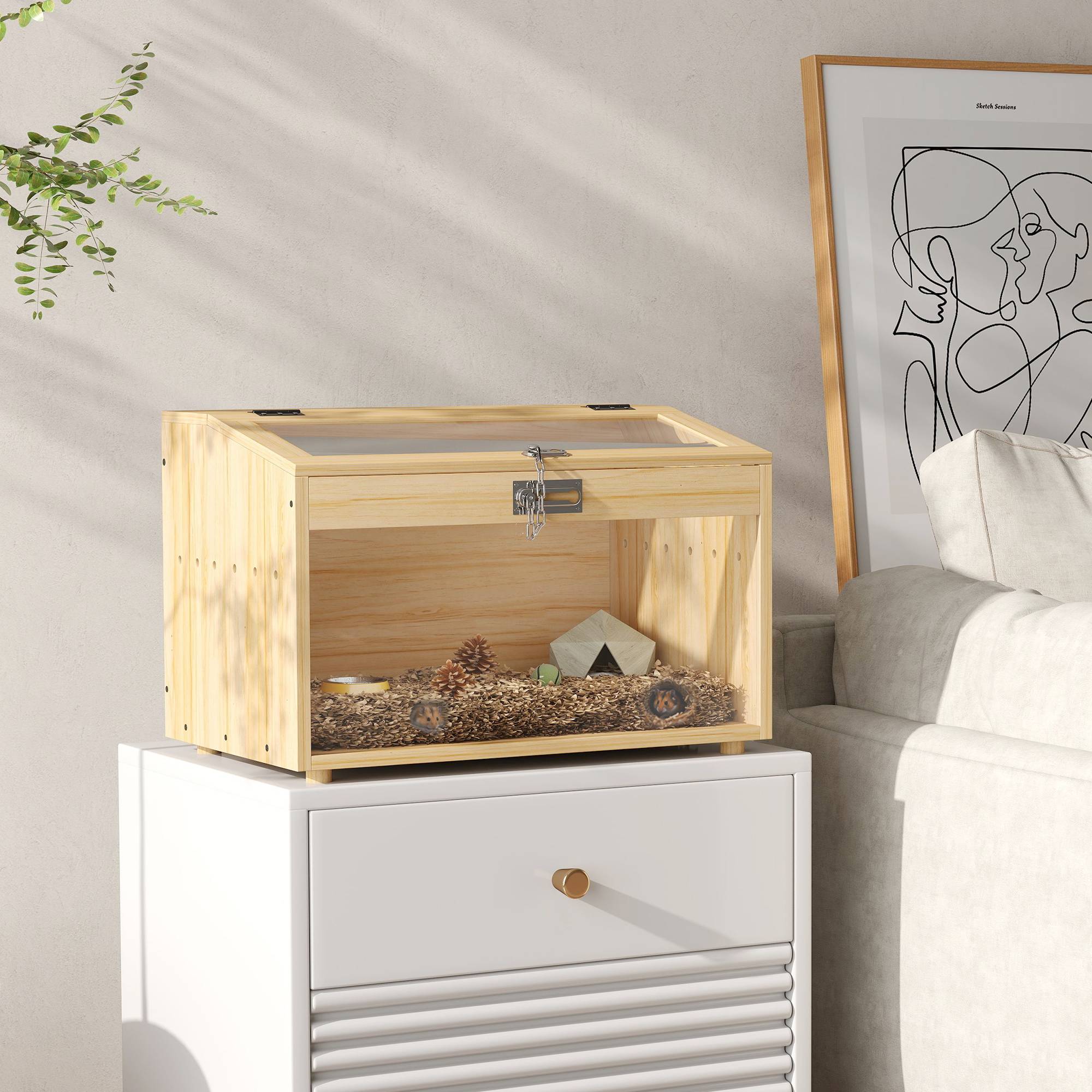 Cage hamster souris bois MDF pour petits rongeurs toit ouvrable 55x35x35cm naturel - ComfortXL Outdoor Living - Image 3
