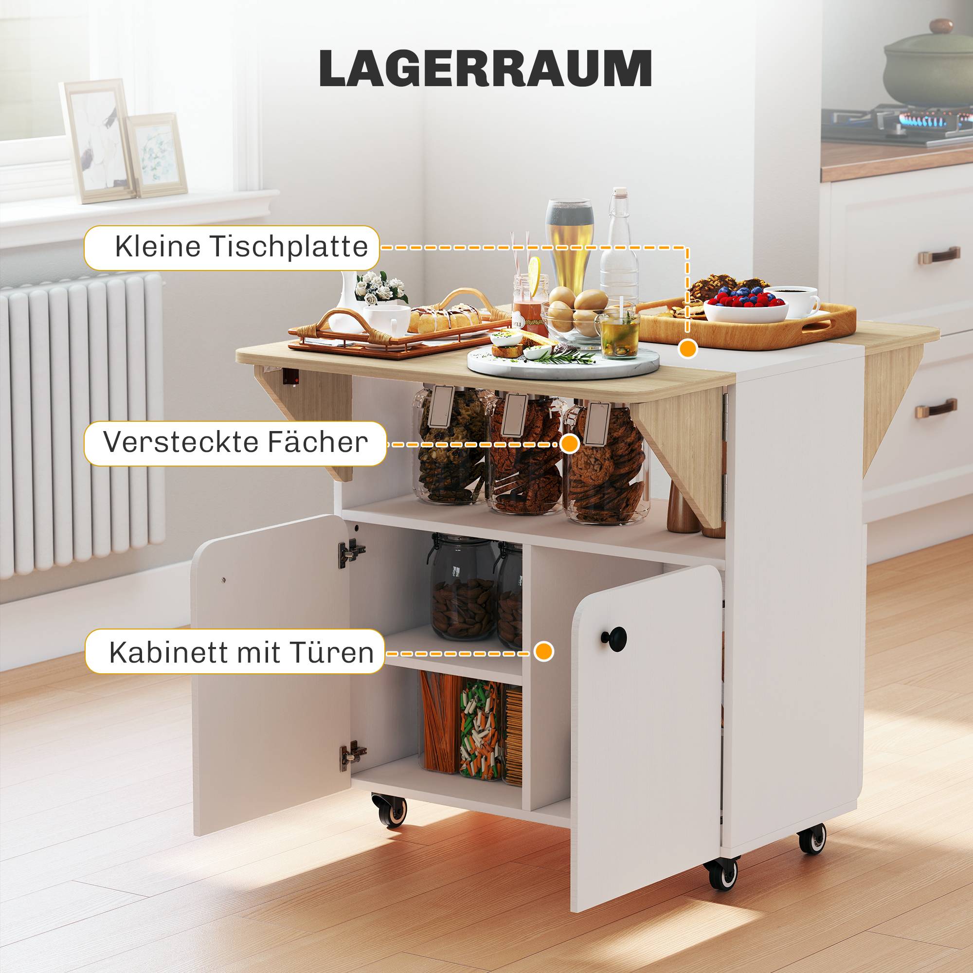Table/meuble pliant avec deux côtés de table rabattables, compartiment de rangement, 4 roulettes, blanc et bois naturel, 70 x 83 x 75 cm - Image 8