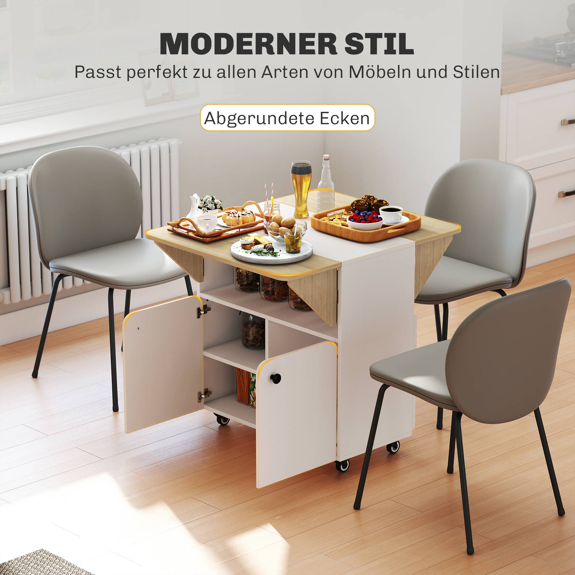 Table/meuble pliant avec deux côtés de table rabattables, compartiment de rangement, 4 roulettes, blanc et bois naturel, 70 x 83 x 75 cm - Image 7