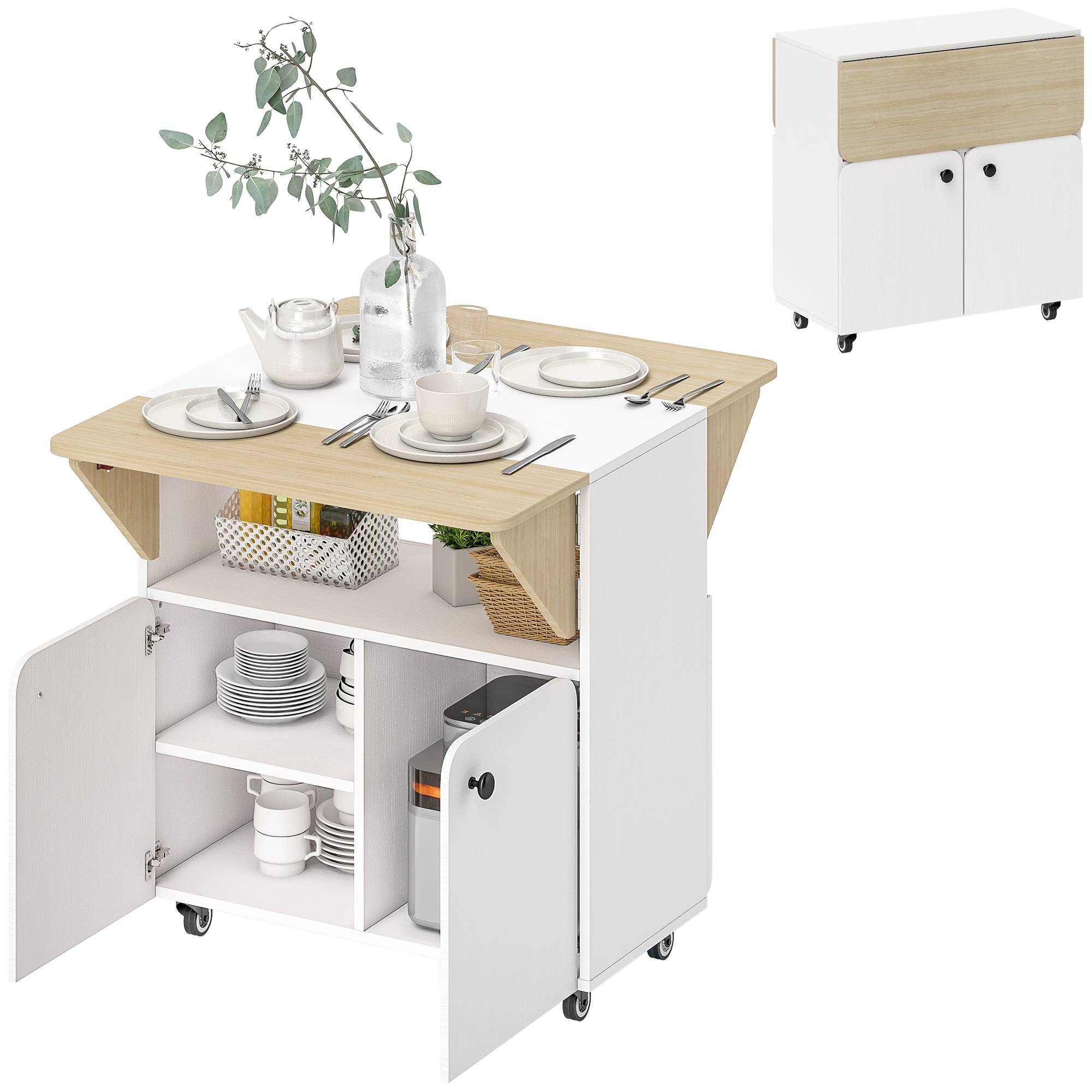 Table/meuble pliant avec deux côtés de table rabattables, compartiment de rangement, 4 roulettes, blanc et bois naturel, 70 x 83 x 75 cm - Image 1