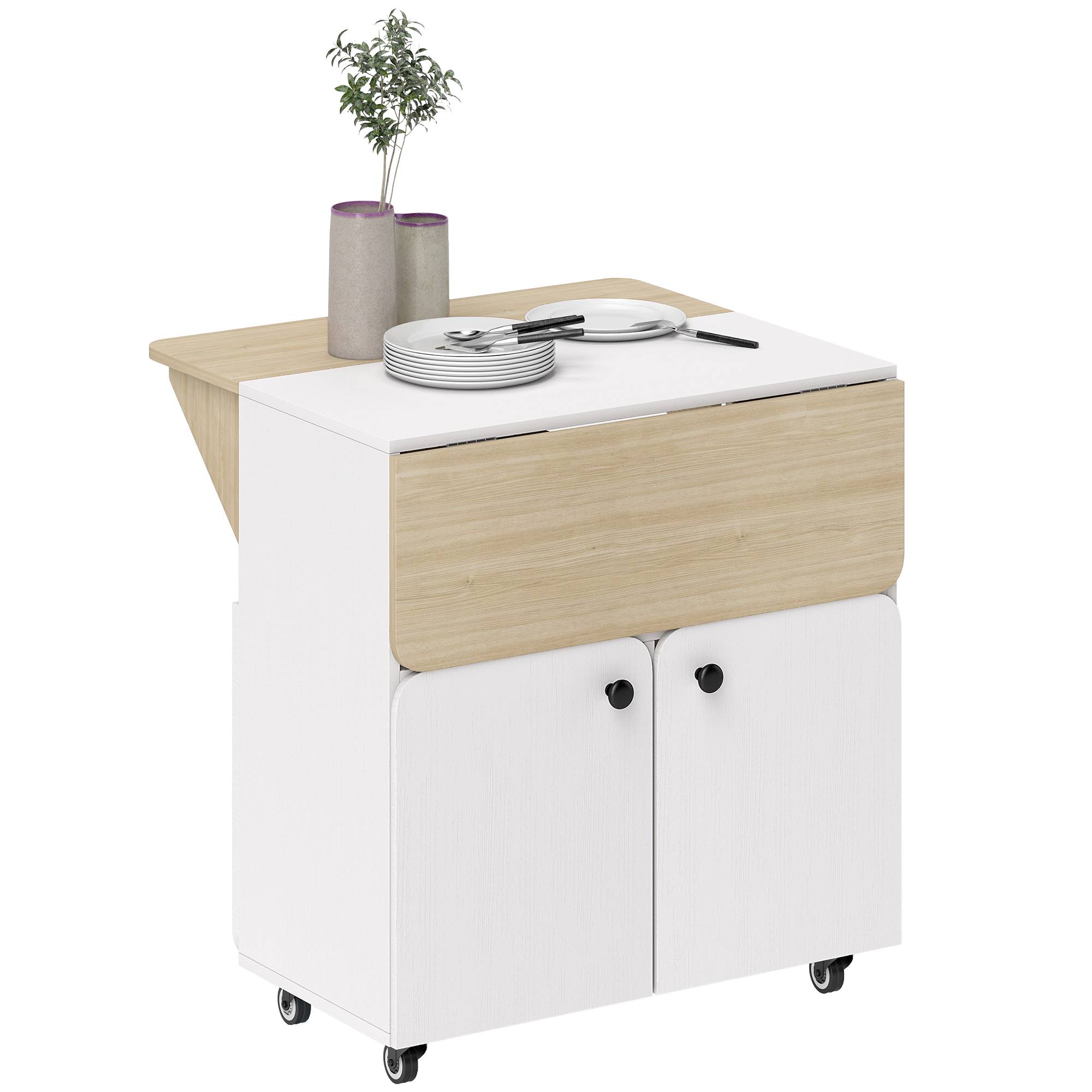 Table/meuble pliant avec deux côtés de table rabattables, compartiment de rangement, 4 roulettes, blanc et bois naturel, 70 x 83 x 75 cm - Image 2