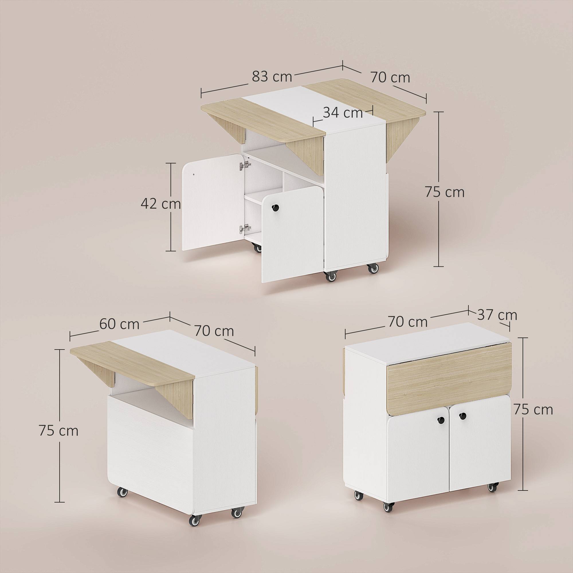 Table/meuble pliant avec deux côtés de table rabattables, compartiment de rangement, 4 roulettes, blanc et bois naturel, 70 x 83 x 75 cm - Image 5