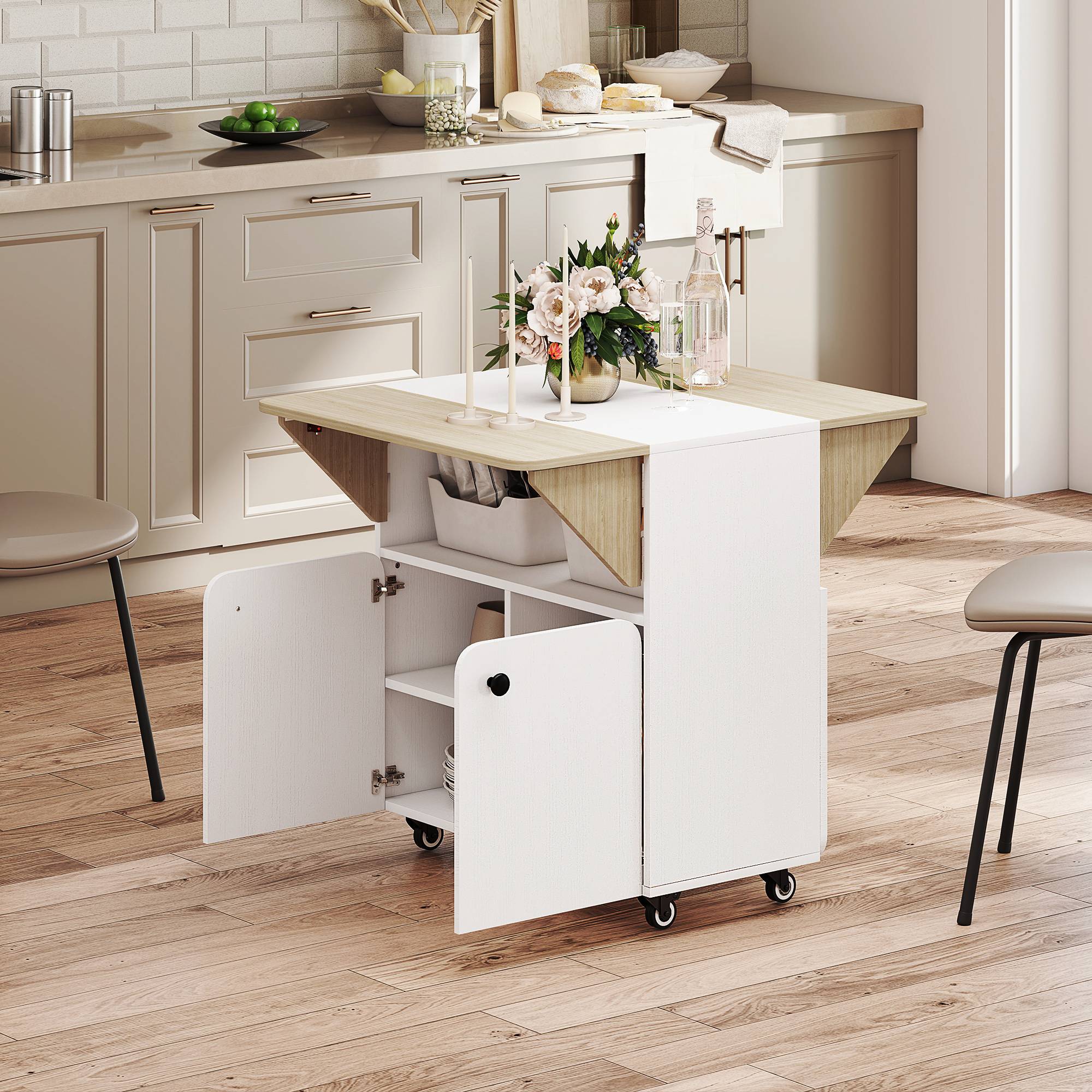 Table/meuble pliant avec deux côtés de table rabattables, compartiment de rangement, 4 roulettes, blanc et bois naturel, 70 x 83 x 75 cm - Image 4