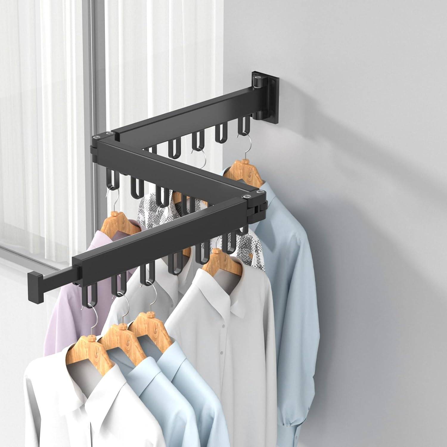 Étendoir à linge mural rétractable avec rotation à 360° (noir, pliable en trois positions)-Lytech - Image 2