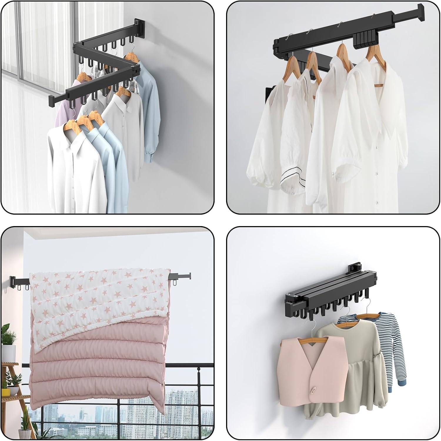 Étendoir à linge mural rétractable avec rotation à 360° (noir, pliable en trois positions)-Lytech - Image 5