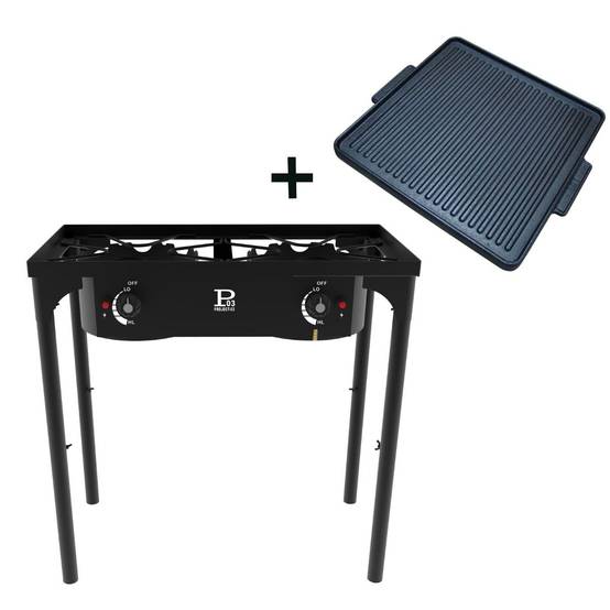Barbecue grill et réchaud 2 feux 9kW Kit Modulable 2en1 - 2 brûleurs - Plaque Grill , 3 Hauteurs Modulables Piezo INTEC - Image 4