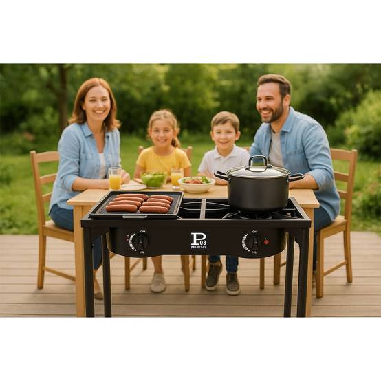 Barbecue grill et réchaud 2 feux 9kW Kit Modulable 2en1 - 2 brûleurs - Plaque Grill , 3 Hauteurs Modulables Piezo INTEC - Image 6