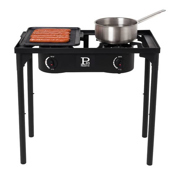 Barbecue grill et réchaud 2 feux 9kW Kit Modulable 2en1 - 2 brûleurs - Plaque Grill , 3 Hauteurs Modulables Piezo INTEC - Image 1