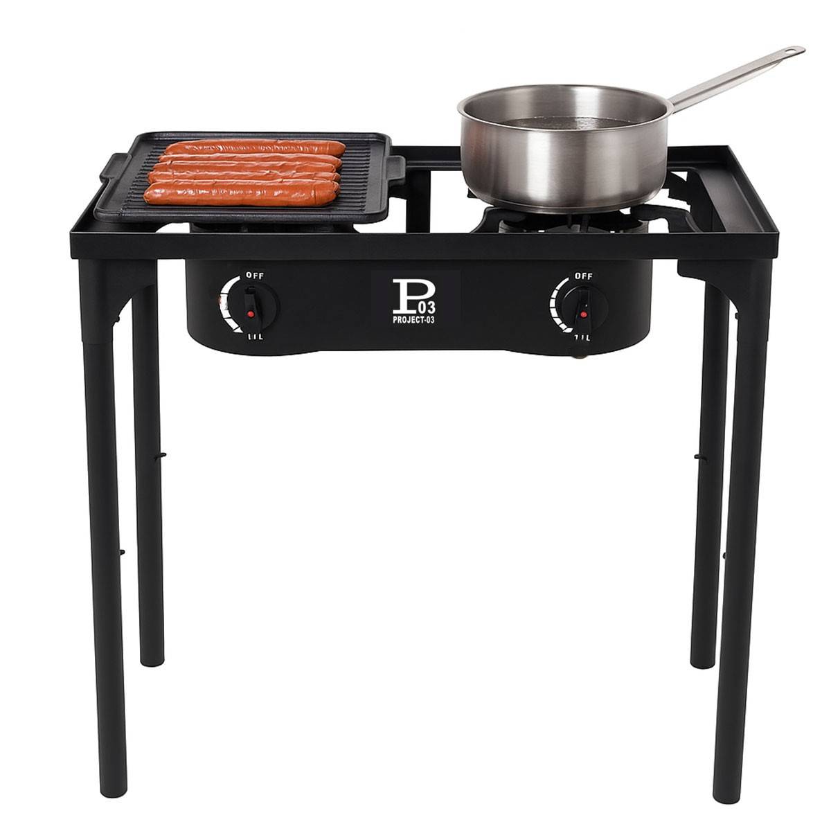 Barbecue grill et réchaud 2 feux 9kW Kit Modulable 2en1 - 2 brûleurs - Plaque Grill , 3 Hauteurs Modulables Piezo INTEC - Image 1