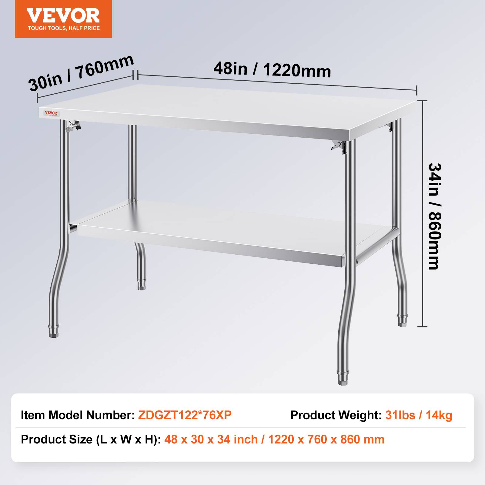 VEVOR Table travail commerciale pliante 48x30 pouces. Double étagère acier inoxydable. Préparation commerciale. - Image 7