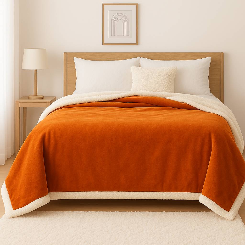 Plaid en sherpa flanelle 480 gsm  200x240 terracotta - Déco arts - Image 3