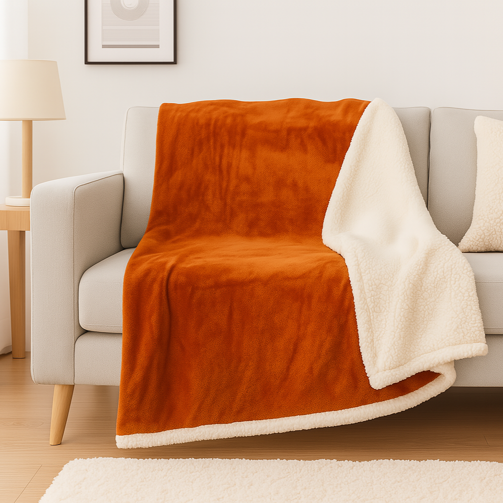 Plaid en sherpa flanelle 480 gsm  200x240 terracotta - Déco arts - Image 2