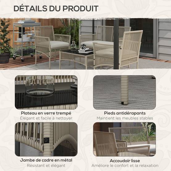 Salon de jardin 4 pièces résine tressée balcon détente table verre trempé kaki - ComfortXL Outdoor Living - Image 7