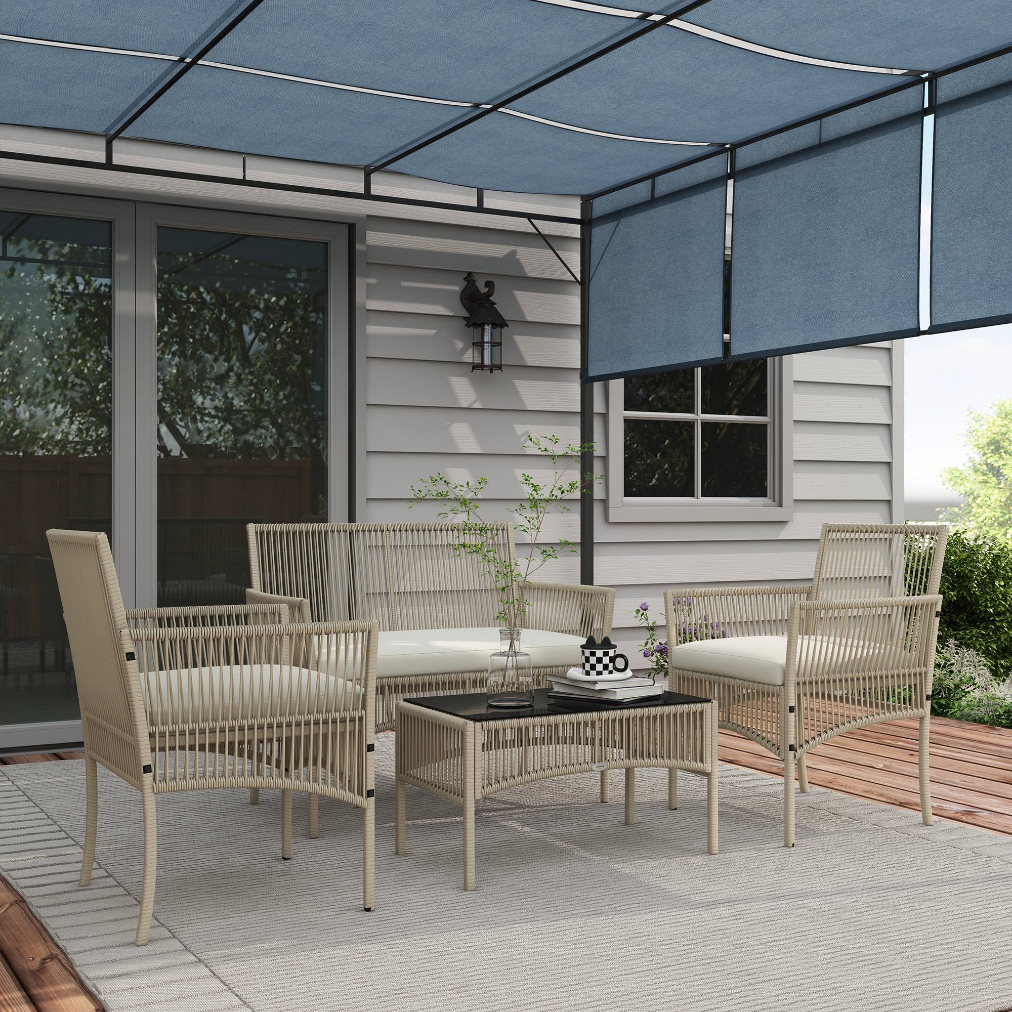 Salon de jardin 4 pièces résine tressée balcon détente table verre trempé kaki - ComfortXL Outdoor Living - Image 1