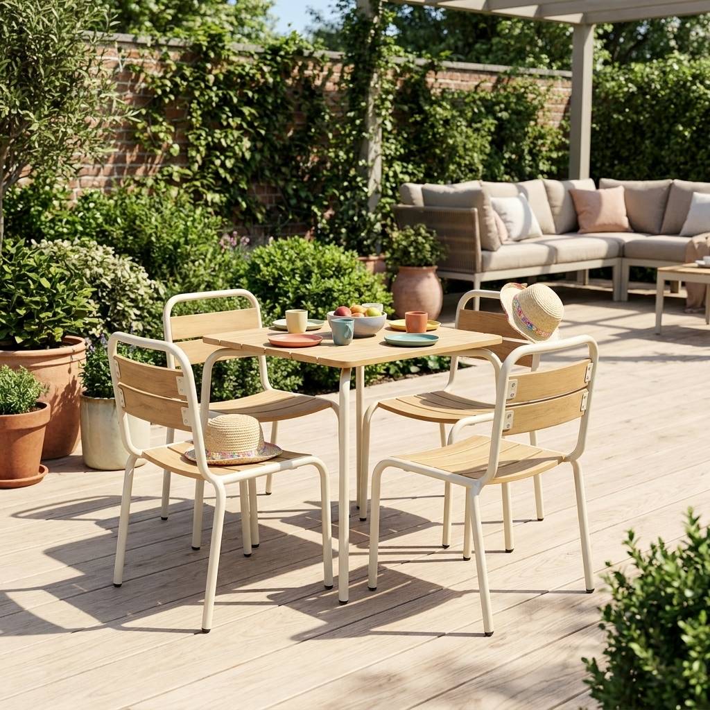 sweeek - Table de jardin enfant acier et décor bois + 4 assises beige - Suzie | sweeek - Image 1