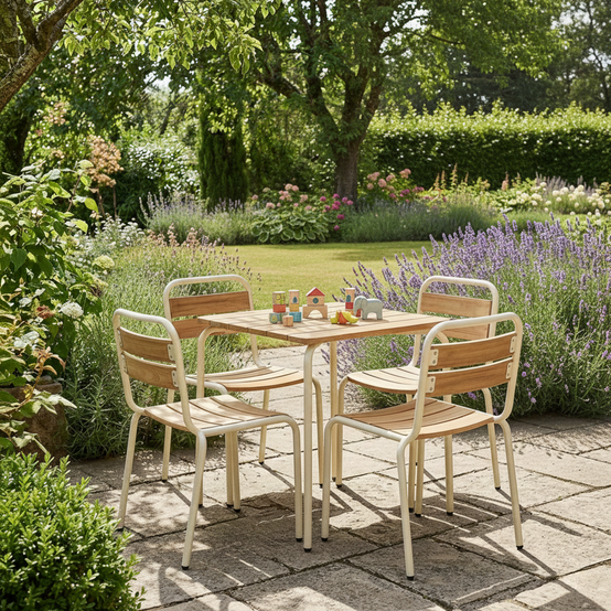sweeek - Table de jardin enfant acier et décor bois + 4 assises beige - Suzie | sweeek - Image 5