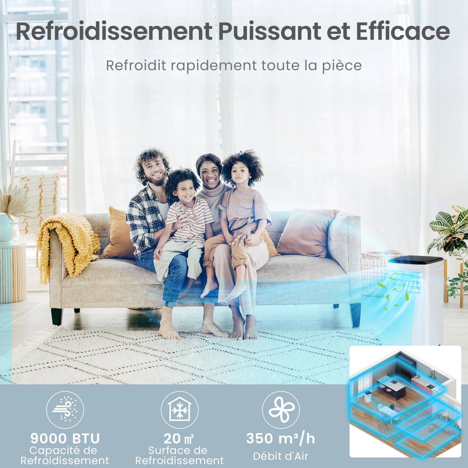 Climatiseur Portable 9000 BTU, 4 en 1 avec Refroidissement, Ventilateur, Chauffage et Déshumidificateur - Image 4