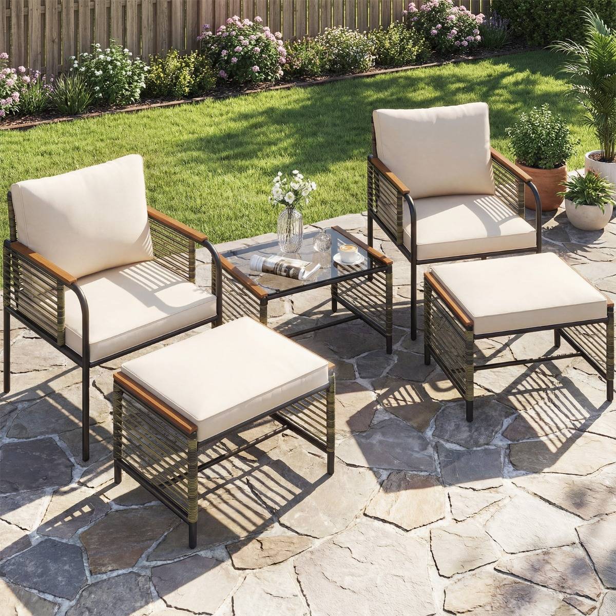Ensemble de Mobilier de Jardin 5 Pièces Salon de Jardin en Rotin PE avec Coussins Table Basse en Verre Beige MAISON CHIC - Image 5