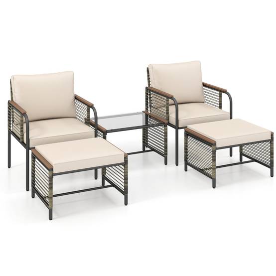 Ensemble de Mobilier de Jardin 5 Pièces Salon de Jardin en Rotin PE avec Coussins Table Basse en Verre Beige MAISON CHIC - Image 1
