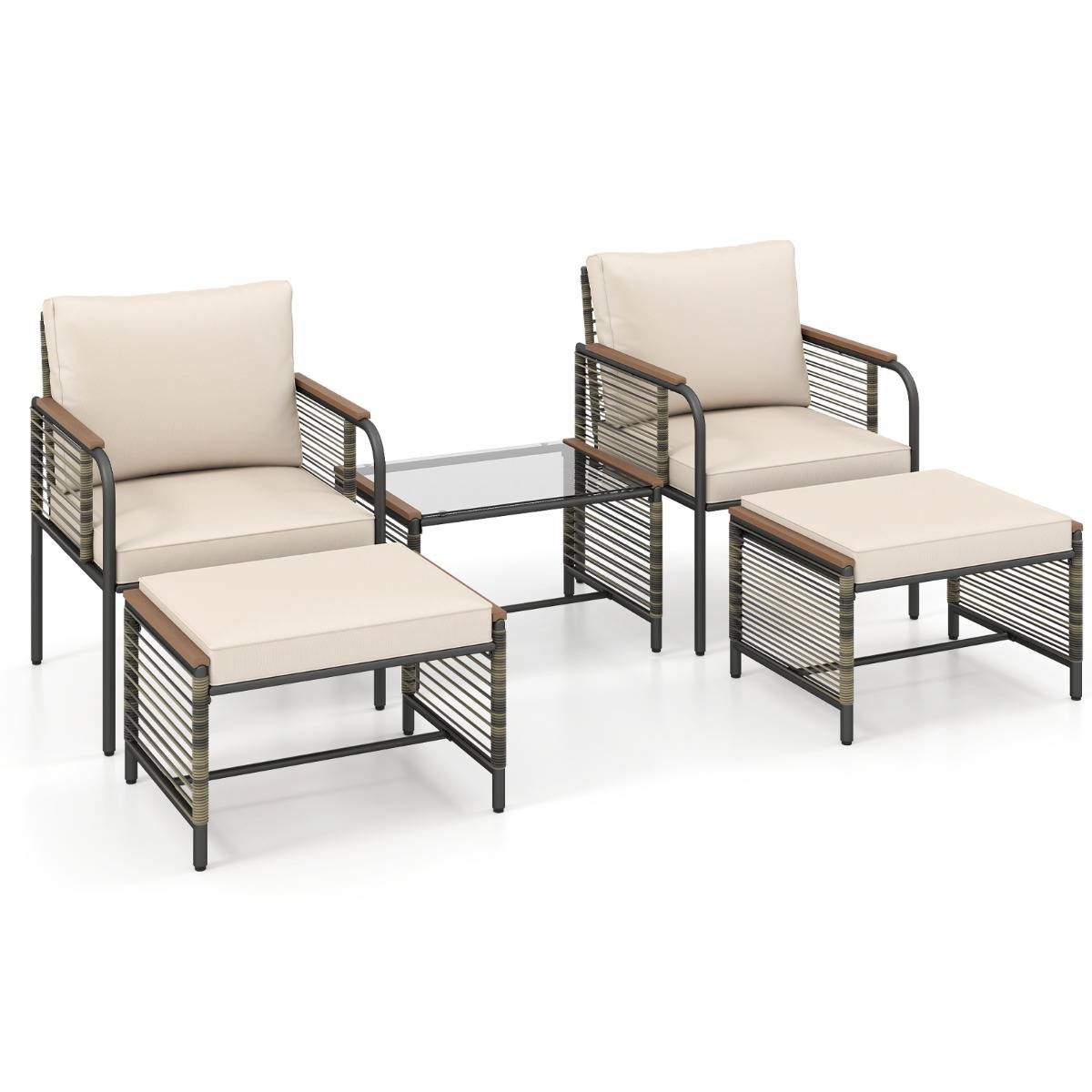 Ensemble de Mobilier de Jardin 5 Pièces Salon de Jardin en Rotin PE avec Coussins Table Basse en Verre Beige MAISON CHIC - Image 1