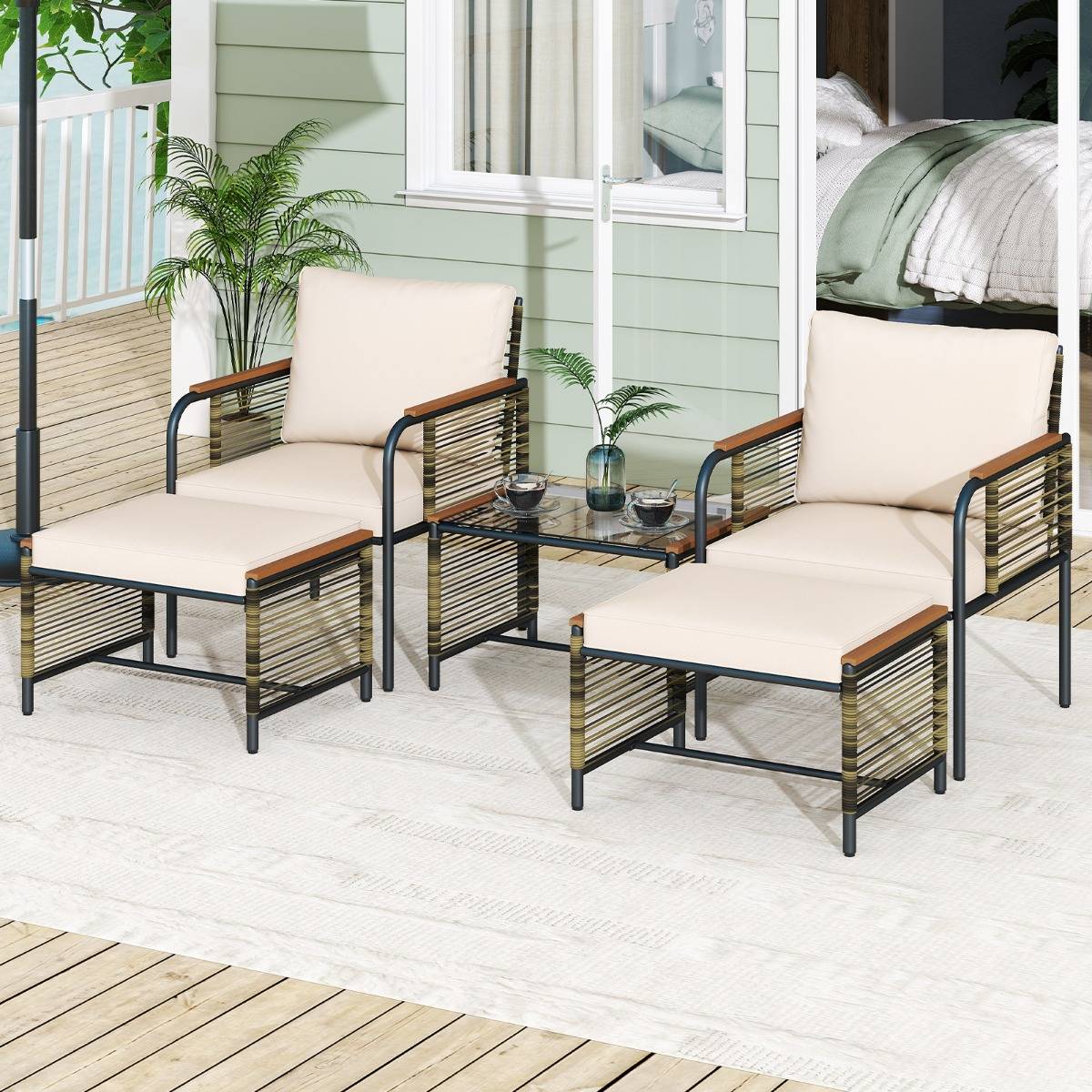 Ensemble de Mobilier de Jardin 5 Pièces Salon de Jardin en Rotin PE avec Coussins Table Basse en Verre Beige MAISON CHIC - Image 4