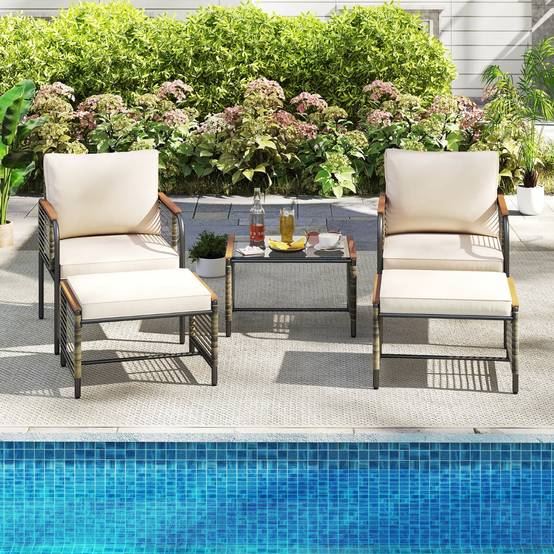 Ensemble de Mobilier de Jardin 5 Pièces Salon de Jardin en Rotin PE avec Coussins Table Basse en Verre Beige MAISON CHIC - Image 6