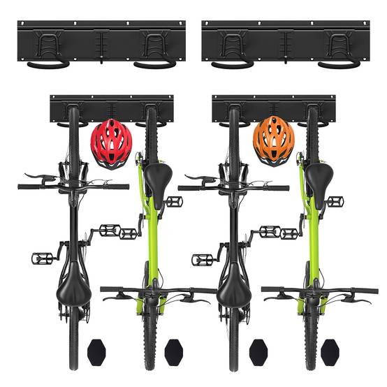 Support mural rangement pour 4 velos et 2 casques rails et crochets metal noir - Image 1