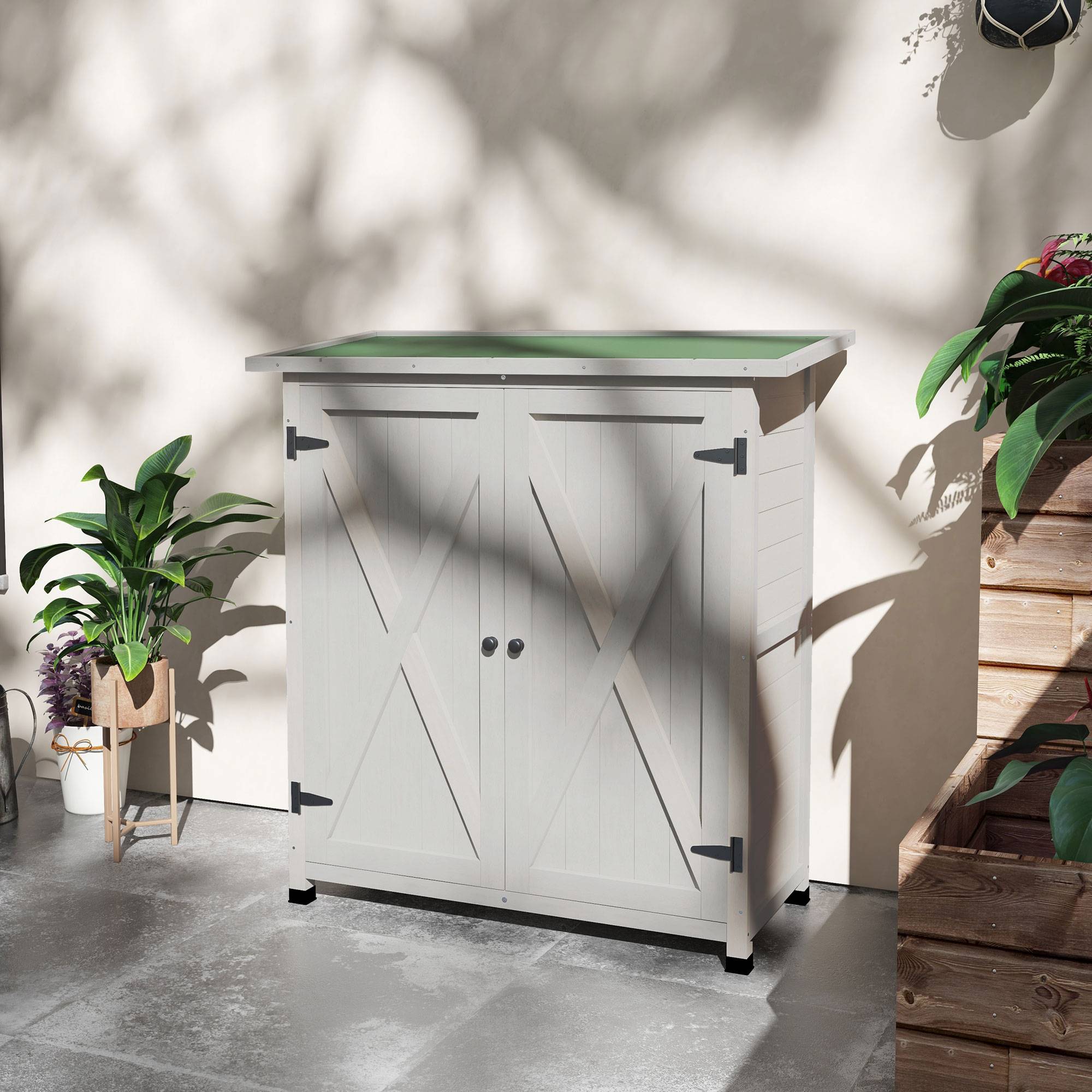 Outsunny - Abri de Jardin Armoire Outils 110x55x117 cm 2 étagères, 2 portes, toit bitumé étanche bois massif pin pré-huilé gris - Outsunny - Image 2