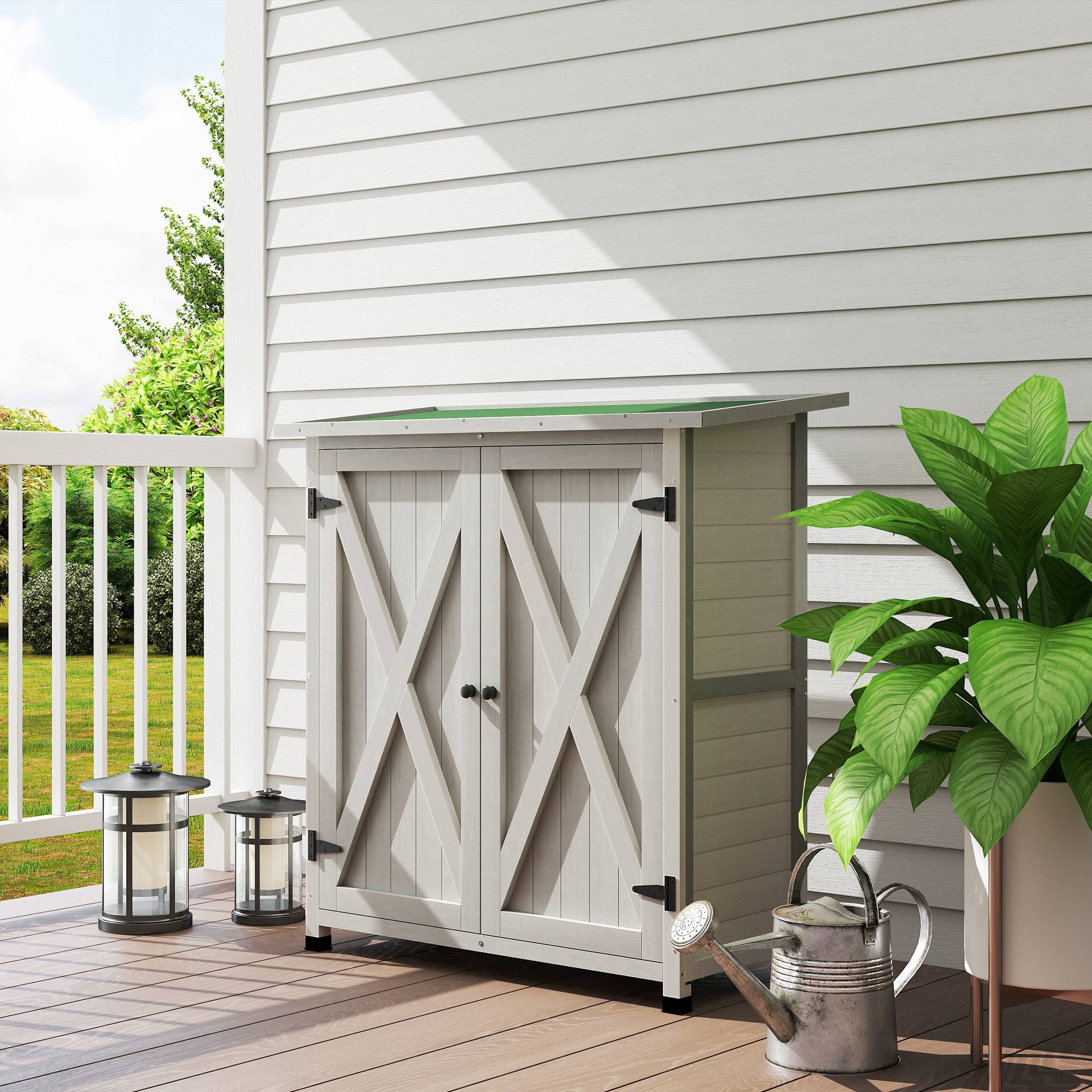 Outsunny - Abri de Jardin Armoire Outils 110x55x117 cm 2 étagères, 2 portes, toit bitumé étanche bois massif pin pré-huilé gris - Outsunny - Image 10