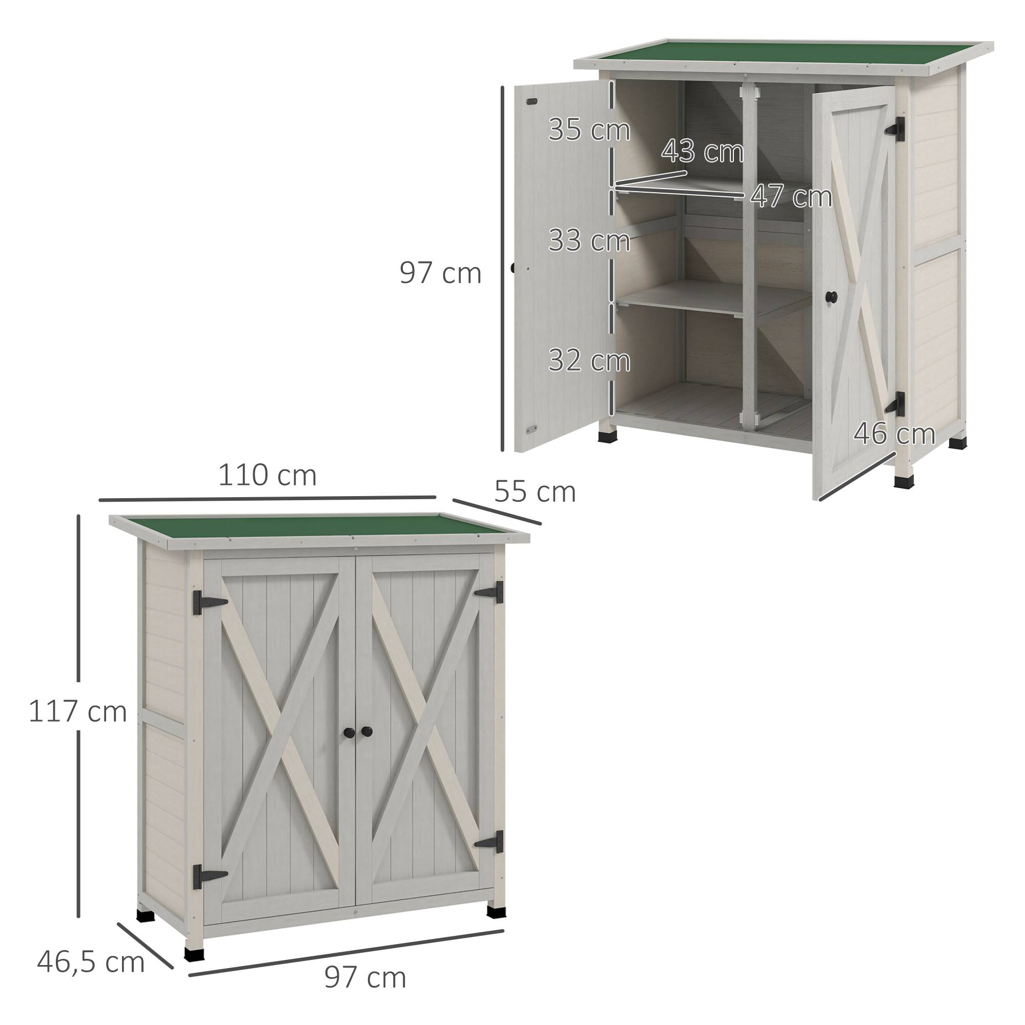 Outsunny - Abri de Jardin Armoire Outils 110x55x117 cm 2 étagères, 2 portes, toit bitumé étanche bois massif pin pré-huilé gris - Outsunny - Image 3