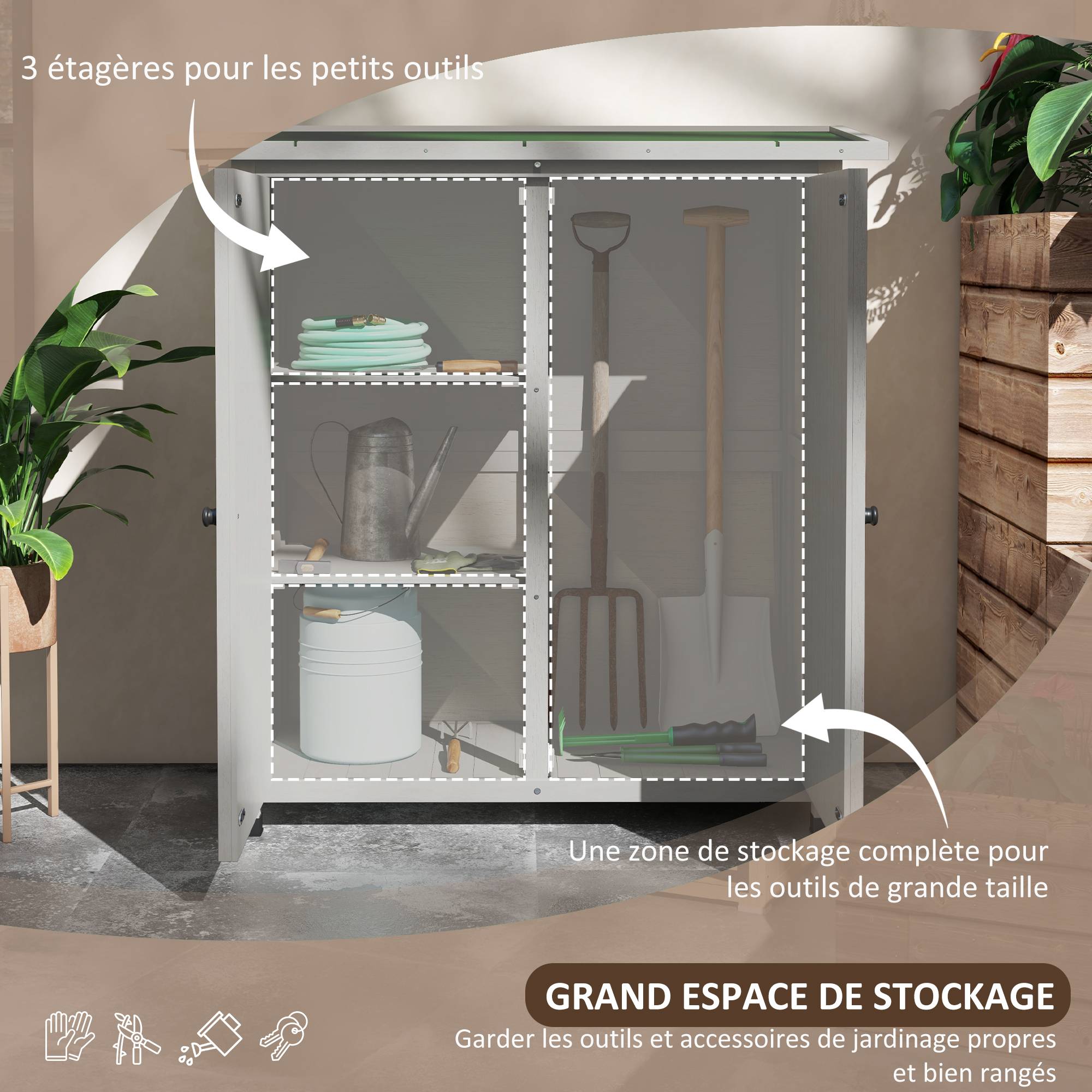 Outsunny - Abri de Jardin Armoire Outils 110x55x117 cm 2 étagères, 2 portes, toit bitumé étanche bois massif pin pré-huilé gris - Outsunny - Image 5
