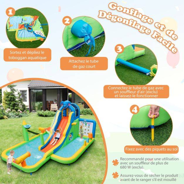 Helloshop26 - Toboggan aquatique gonflable géant costzon pour enfants piscine à éclaboussures sures mur d'escalade canons à eau lancer d'anneaux cerceau (sans souf - Imagen 4