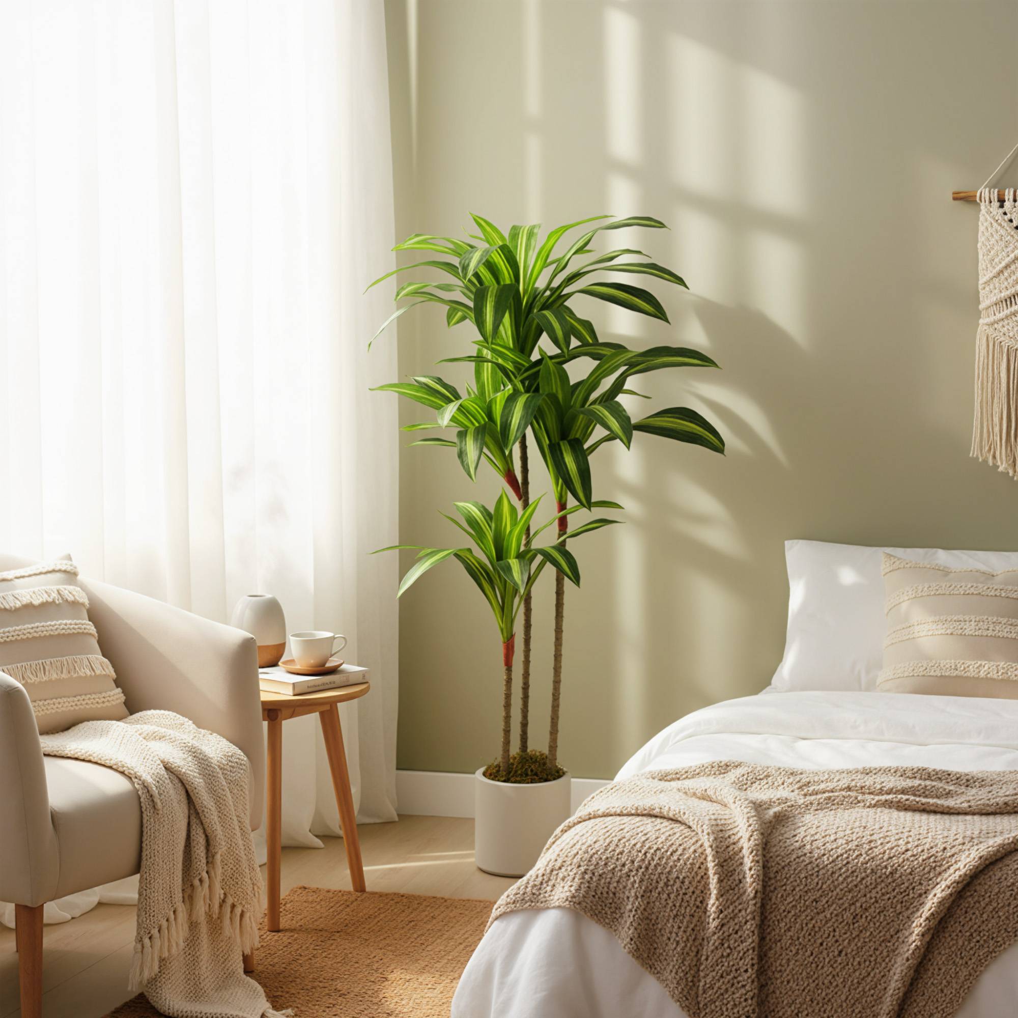Dracaena artificiel 120 cm, tiges flexibles, pot blanc, salon chambre bureau - Image 9