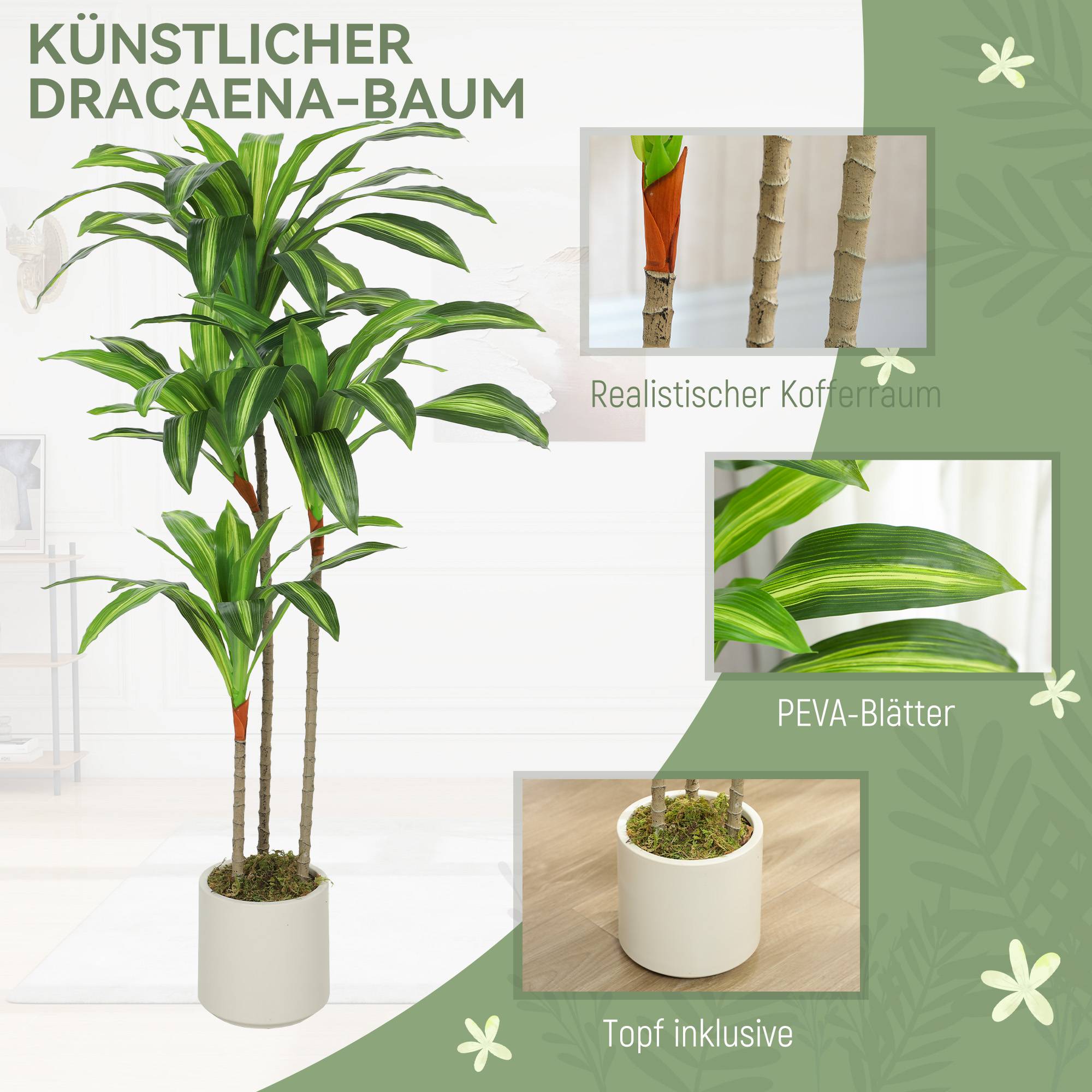 Dracaena artificiel 120 cm, tiges flexibles, pot blanc, salon chambre bureau - Image 6
