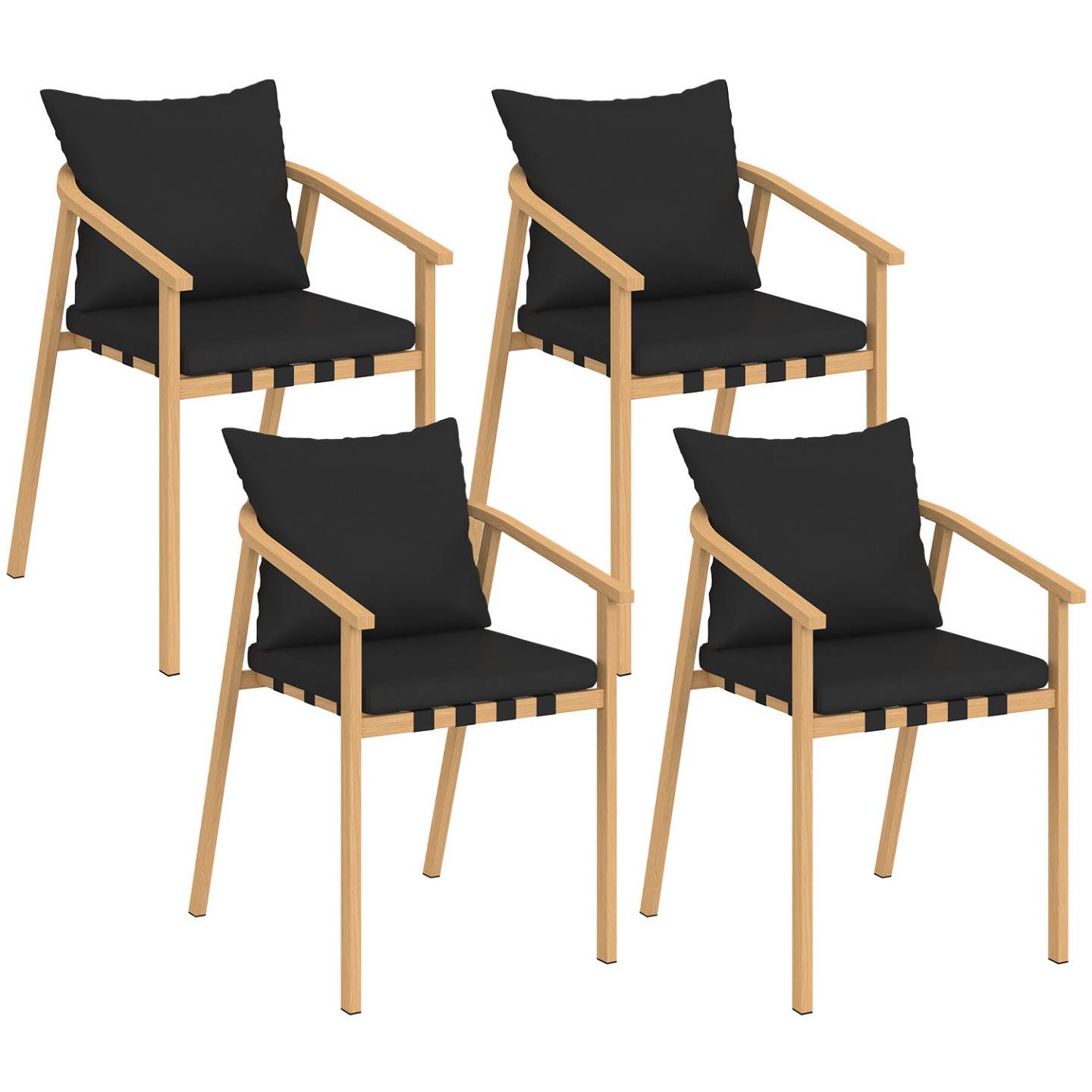Lot de 4 chaises de jardin MALTA structure en métal effet bois, lanières et coussins noirs - Image 2