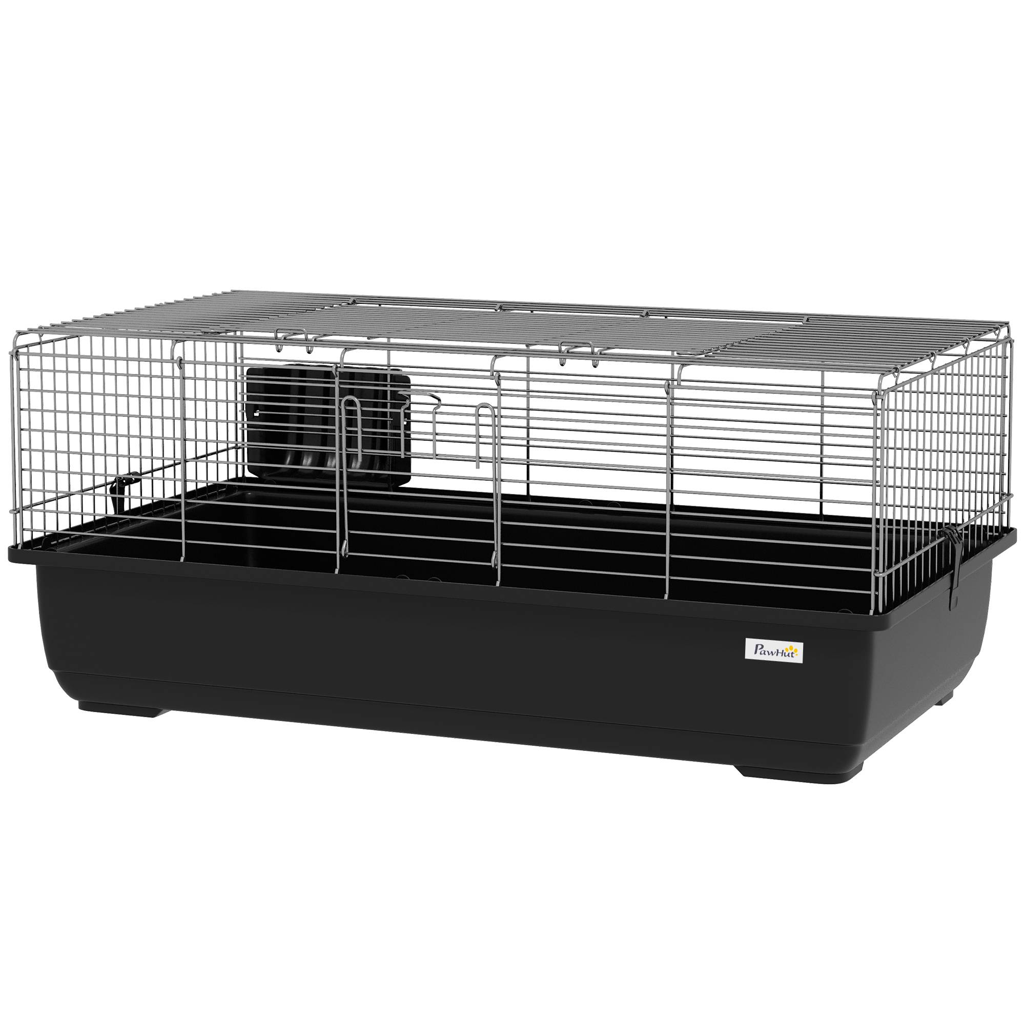 Cage lapin 2 portes, bac amovible, métal plastique PP, 100x55x41cm, noir argent - Image 2