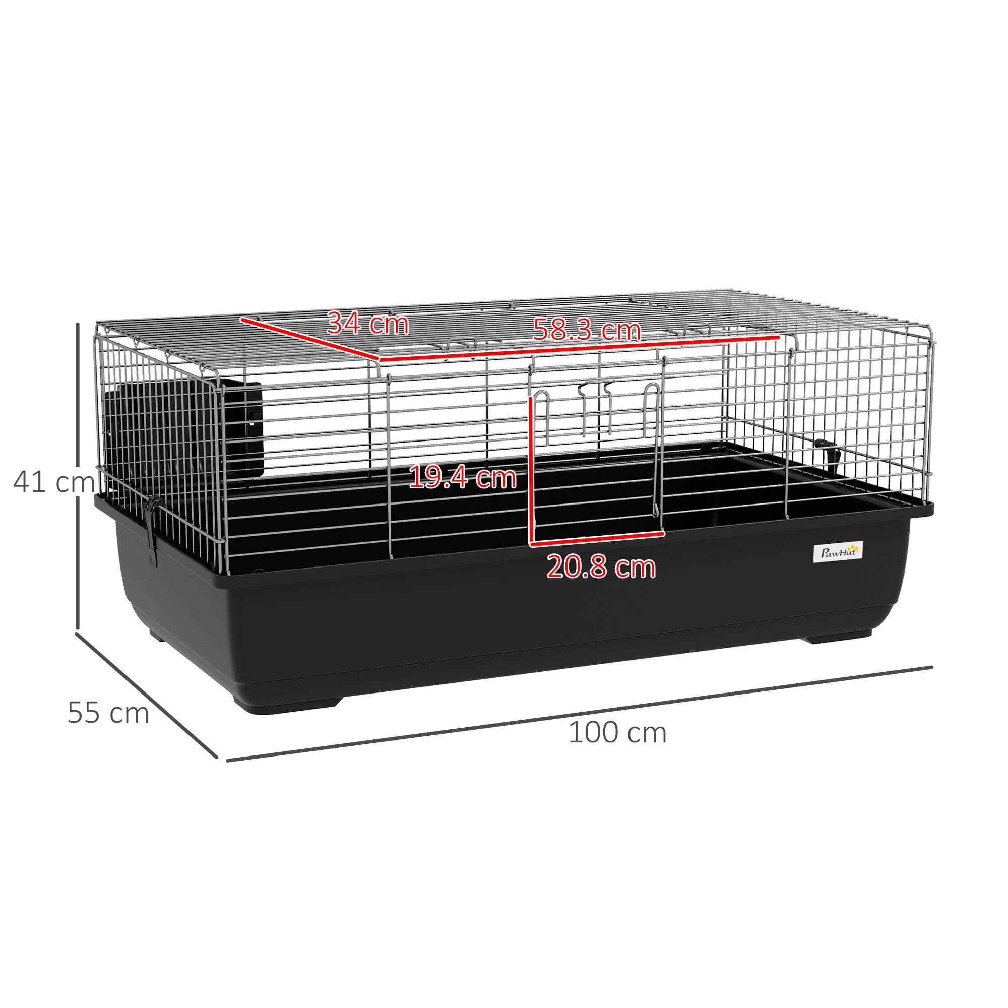 Cage lapin 2 portes, bac amovible, métal plastique PP, 100x55x41cm, noir argent - Image 5