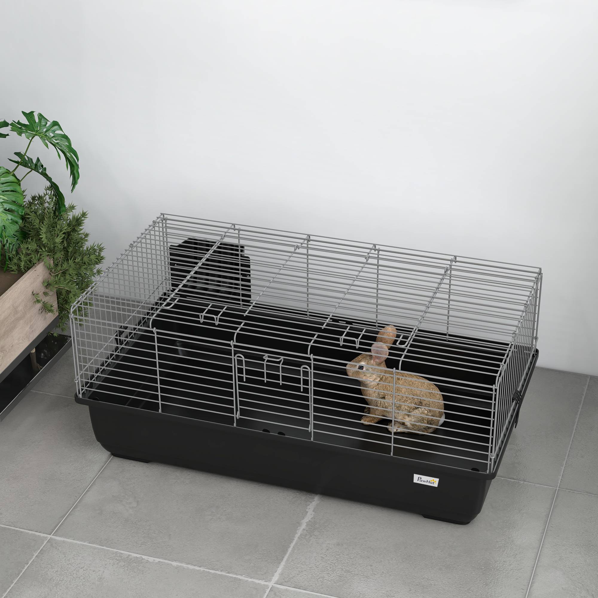 Cage lapin 2 portes, bac amovible, métal plastique PP, 100x55x41cm, noir argent - Image 9