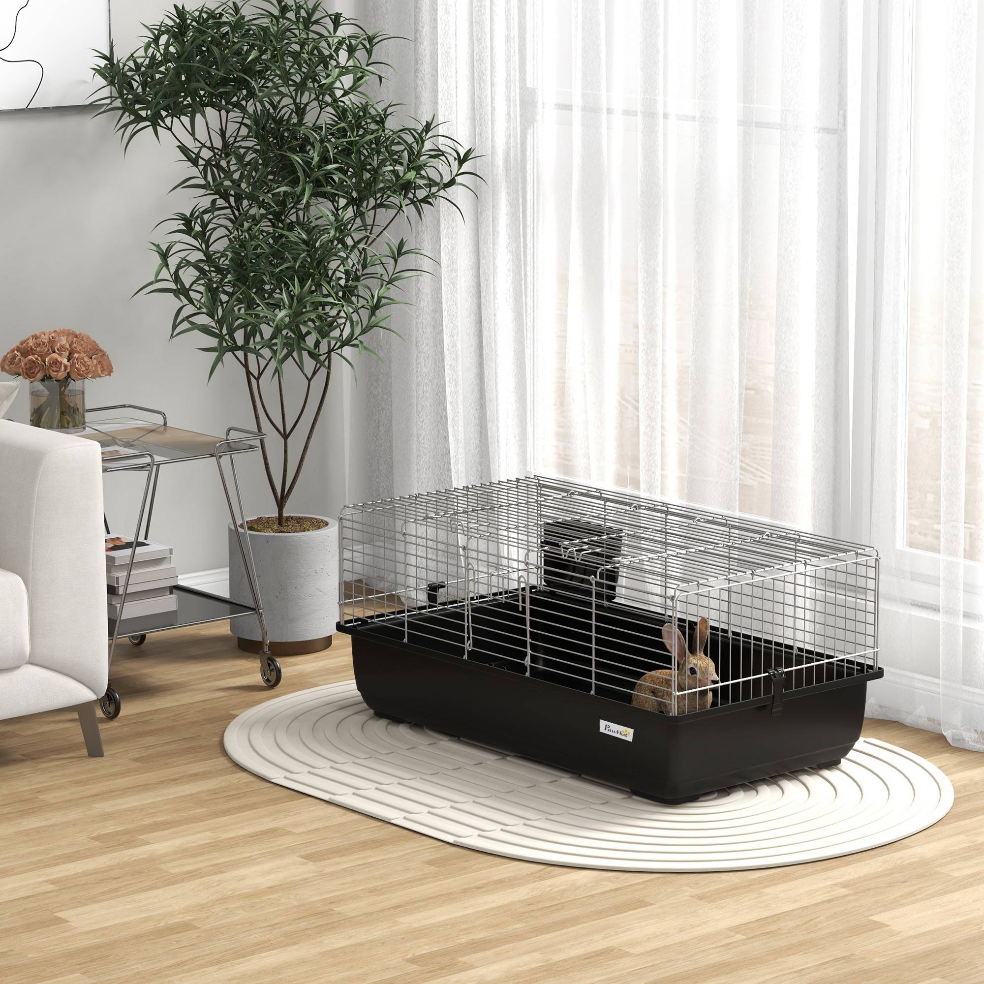 Cage lapin 2 portes, bac amovible, métal plastique PP, 100x55x41cm, noir argent - Image 10