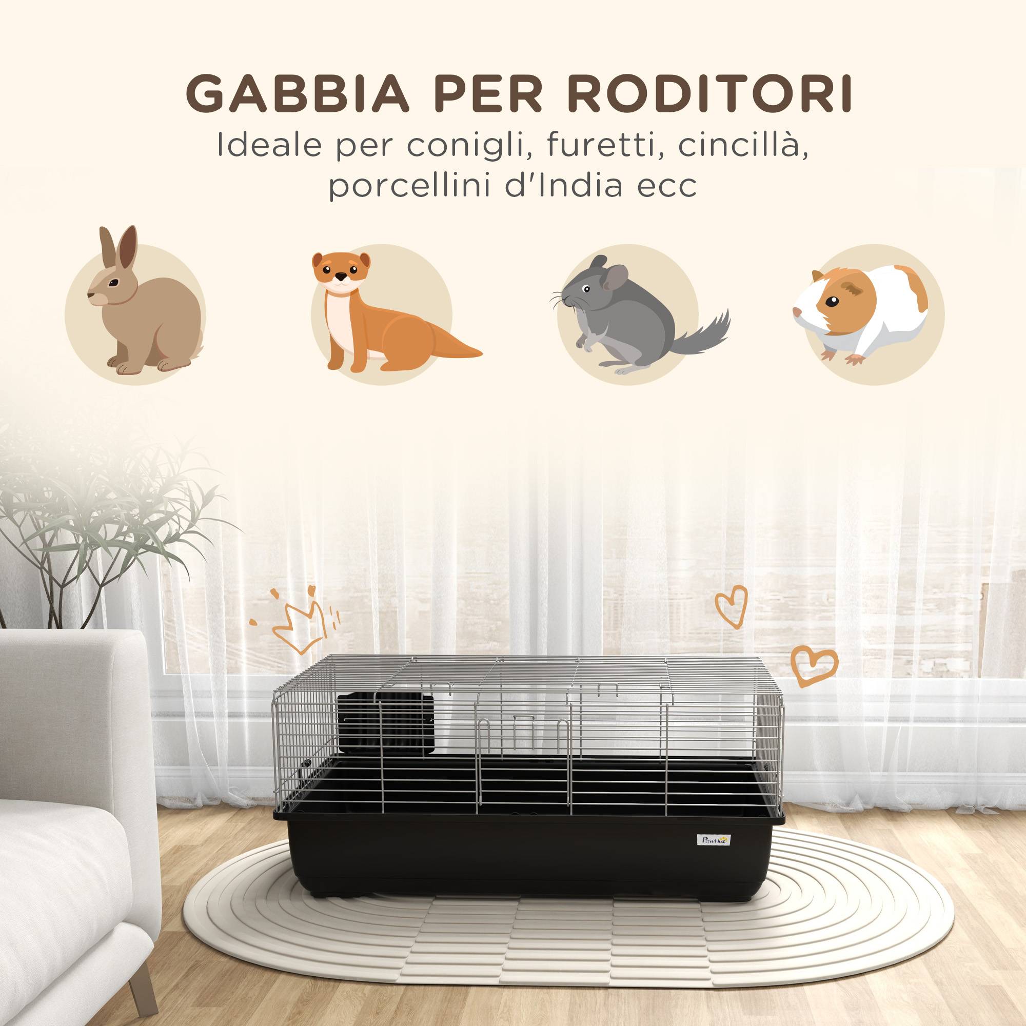 Cage lapin 2 portes, bac amovible, métal plastique PP, 100x55x41cm, noir argent - Image 6