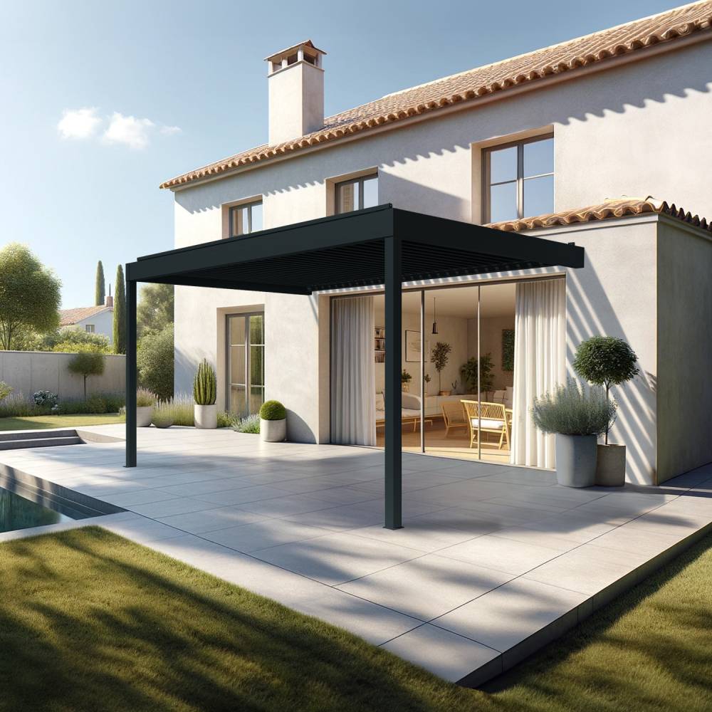 Pergola bioclimatique HELY perpendiculaire 6,02x4,50m Vérin à télécommande (Gris anthracite) - Alia Productions - Imagen 2