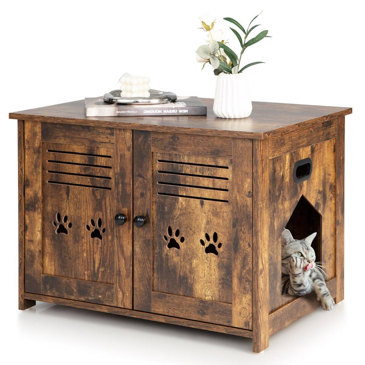 Maison de Toilette pour Chat Double Porte, 70 x 51,5 x 50 cm Trous d’Aérations sur Côté Brun Rustique - Image 5