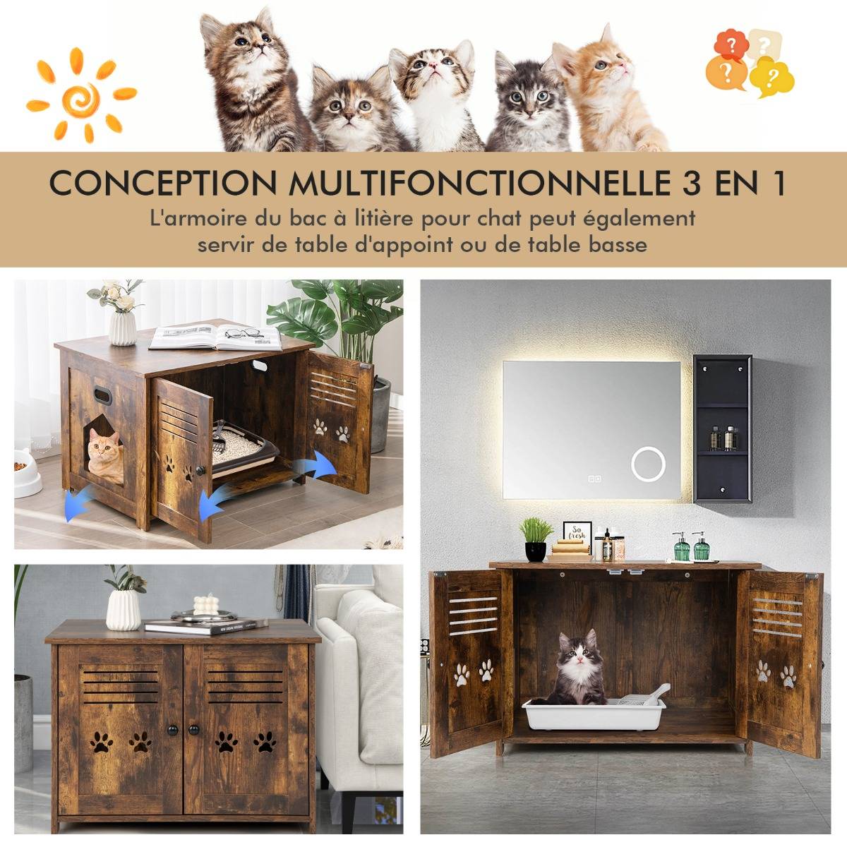 Maison de Toilette pour Chat Double Porte, 70 x 51,5 x 50 cm Trous d’Aérations sur Côté Brun Rustique - Image 9