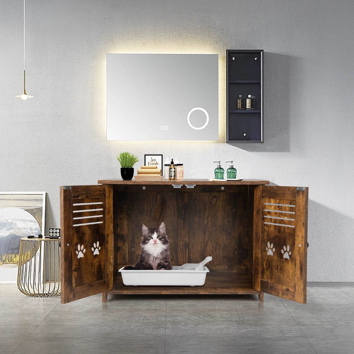 Maison de Toilette pour Chat Double Porte, 70 x 51,5 x 50 cm Trous d’Aérations sur Côté Brun Rustique - Image 3