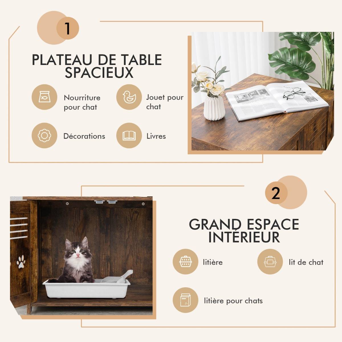 Maison de Toilette pour Chat Double Porte, 70 x 51,5 x 50 cm Trous d’Aérations sur Côté Brun Rustique - Image 8